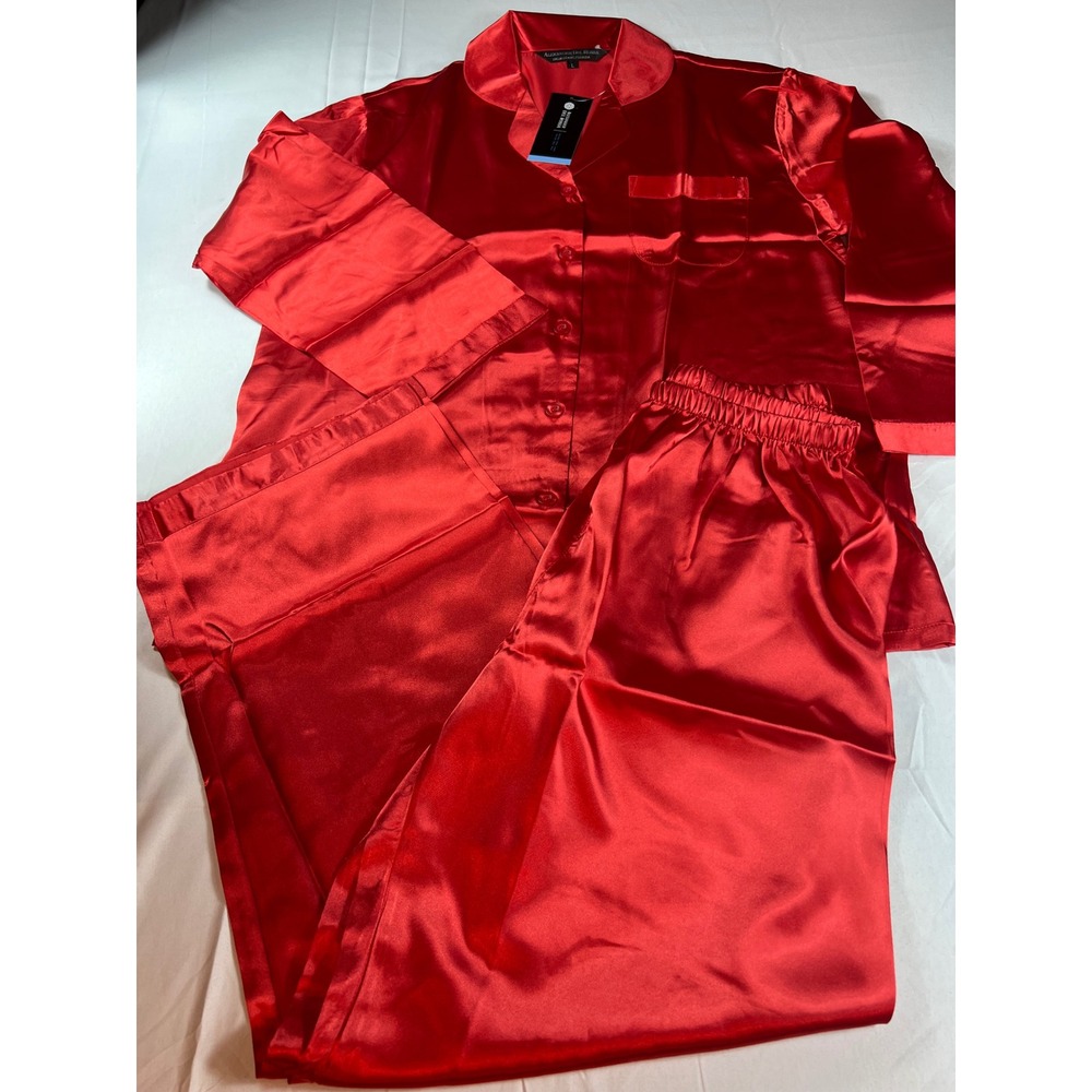 ALEXANDER DEL ROSSA 3pc Pajama Set Women L Red Satin Button Down Sleepwear NWT